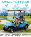 People riding Yamaha gas golf cart on scenic course, perfect fit for Starter Generator And Drive Belt Kit For Yamaha Gas Golf Carts G2 G5 G8 G9 G11 G14 G16 G22 G29 2012 Up Replace OEM J55 G6241 00 J55 H1173 00 JN6 H1173 00 Drive Belt Width One And One Tenth Inches