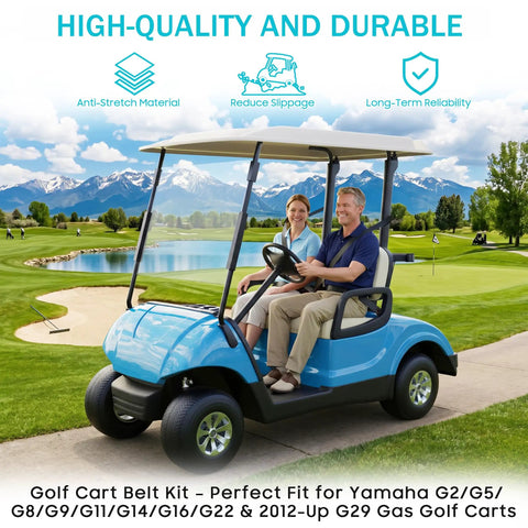 People riding Yamaha gas golf cart on scenic course, perfect fit for Starter Generator And Drive Belt Kit For Yamaha Gas Golf Carts G2 G5 G8 G9 G11 G14 G16 G22 G29 2012 Up Replace OEM J55 G6241 00 J55 H1173 00 JN6 H1173 00 Drive Belt Width One And One Tenth Inches