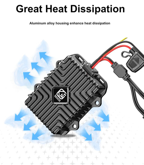 Beefy DC Buck Converter 48V-120V To 12V 32A 400W Regulator with fuse, durable aluminum housing for heat dissipation, cables visible