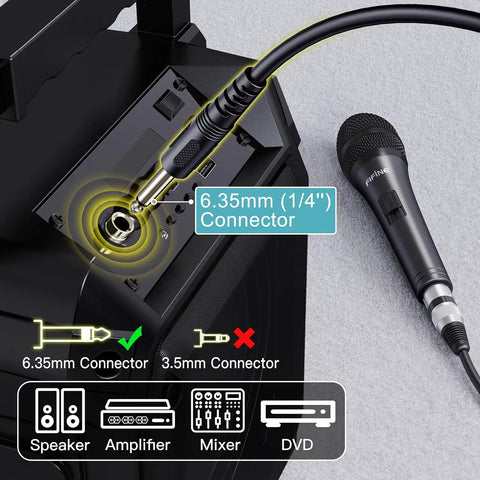 Karaoke Dynamic Vocal Microphone For Stage And Home Use 6.35mm Wired Handheld Mic with 14.8ft cable next to connection diagram