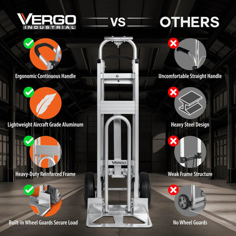 Comparison of Vergo Industrial Convertible Hand Truck 3 In 1 Dolly with ergonomic handle and aircraft grade aluminum vs others