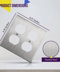 Double Duplex Receptacle Metal Wall Plate In Stainless Steel Corrosion Resistant 2-Gang 4.50 x 4.57 Inches with dimensions