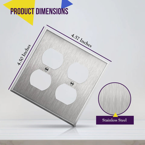 Double Duplex Receptacle Metal Wall Plate In Stainless Steel Corrosion Resistant 2-Gang 4.50 x 4.57 Inches with dimensions