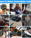 Pin Removal Tool Kit For Automotive Wiring And Repair being used on various terminal connectors with colorful wires.