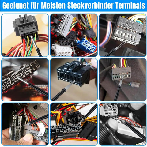 Pin Removal Tool Kit For Automotive Wiring And Repair being used on various terminal connectors with colorful wires.