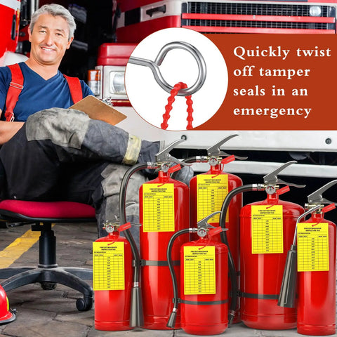 Firefighter with fire extinguishers showing Fire Extinguisher Inspection Tags Kit With 2026 2029 Maintenance Plastic Tamper Seals