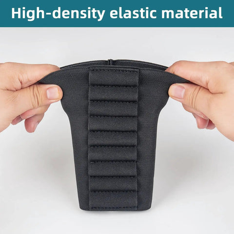 Elastic Rifle Shell Buttstock Holder For 9 Rounds in high-density elastic material being stretched by hands.