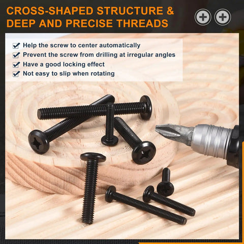 Twenty Pack M4 X 12Mm Flat Round Head Machine Screws With Phillips Drive arranged on wood, showing precise threads and black finish.
