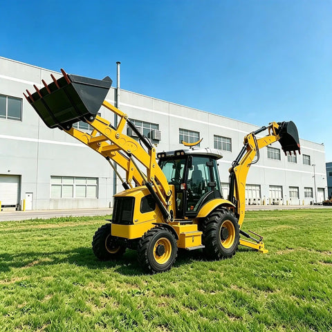 4WD Compact Backhoe Loader With 2.2m Digging Depth And Multi Attachments Workhorse parked on grass with raised bucket and arm