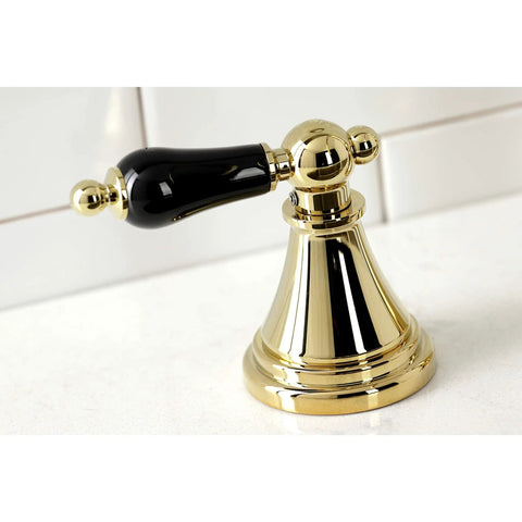 Close-up of Duchess Widespread Kitchen Faucet Sprayer In Polished Brass, ADA lever handle detail