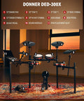 Donner DED-300X electric drum set with 10 inch quiet mesh pads, 12 inch crash cymbals, 100 kits, pro feel setup for adults.