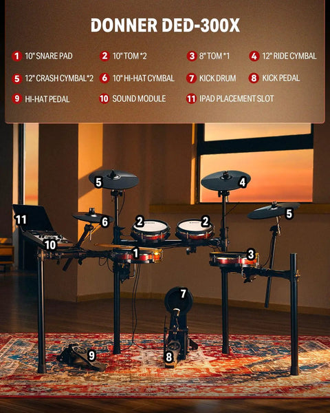Donner DED-300X electric drum set with 10 inch quiet mesh pads, 12 inch crash cymbals, 100 kits, pro feel setup for adults.