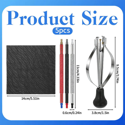 Color Coded Watch Hand Setting Tools Set For Precise Installation And Removal Includes Pusher Removers And Lever Pullers 3 Bore Options From 0.6mm To 3.0mm Pro Grade Watch Repair Kit For Minute And Second Hands, shown with product sizes and cloth