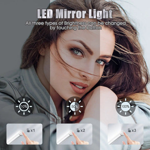 Portable Rechargeable LED Vanity Lights With Touch Control And Three Brightness Levels For Makeup, Bathroom Or Dressing Room, 200 Lumen Maximum, USB Powered, 2 Pack Set For On The Go Glam showcasing dimming effects on model's face.