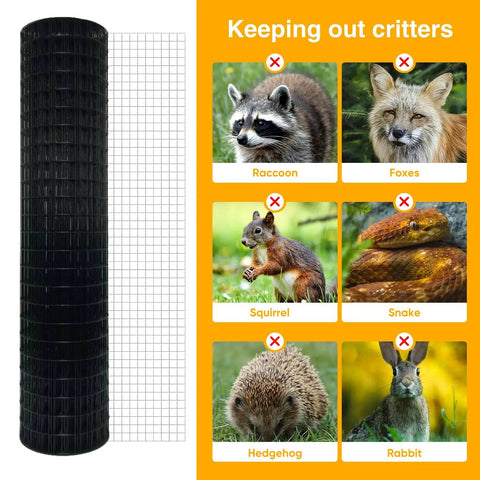 16 By 10 Feet Black Hardware Cloth Roll Featuring One Inch Grids And 16 Gauge PVC Coated Galvanized Steel next to critter illustrations.