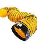 25 Foot PVC Flexible Duct Hose For Exhaust Fans 16 Inch Diameter Heavy Duty Ventilation Tubing With Flame Retardant Inner Wall Carbon Wire Spring Reinforcement Easy Slide Install For Indoor And Outdoor HVAC Use, coiled yellow duct with black rings