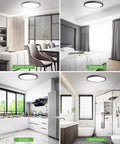 4 Pack 12 Inch LED Flush Mount Ceiling Light 28W 5000K Daylight 3200 Lumens Low Profile Black Round Ceiling Fixture For Bedroom Living Room Kitchen Easy Install in different room settings.