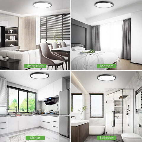 4 Pack 12 Inch LED Flush Mount Ceiling Light 28W 5000K Daylight 3200 Lumens Low Profile Black Round Ceiling Fixture For Bedroom Living Room Kitchen Easy Install in different room settings.