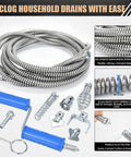 Tough As Nails 32 Foot Drain Snake And Auger Kit with galvanized steel coil, blue handles, and multiple cutters for drain cleaning.