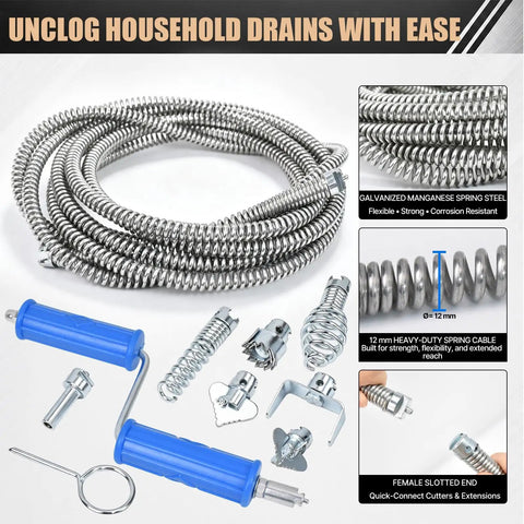 Tough As Nails 32 Foot Drain Snake And Auger Kit with galvanized steel coil, blue handles, and multiple cutters for drain cleaning.