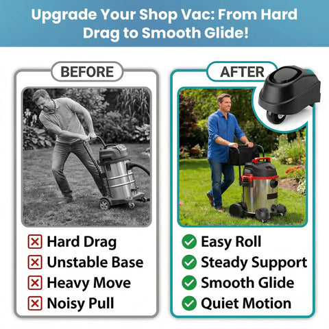 Before and after image of Fast Fix Replacement Foot Casters And Swivel Caster Wheels For Ridgid Shop Vacuums showing improved mobility.