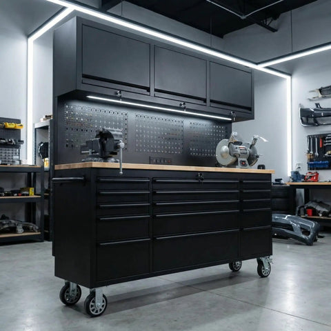72 Inch Rolling Tool Chest With Upper Cabinet And Pegboard On Wheels, 18 Drawer Beefy Heavy Duty Tool Storage Cabinet Plus Wooden Workbench, Lockable Steel Toolbox For Garage Or Shop Or Warehouse, Durable Black Finish