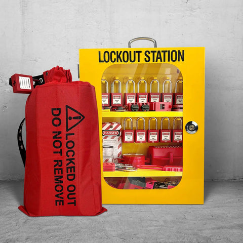Front view of All In One Lockout Tagout Cabinet Kit With 138 Piece LOTO Set For Industrial Safety Includes Padlocks Hasps Tags Circuit Breaker Locks Cable Locks Plugs And A Heavy Duty Storage Station with red lockout bag