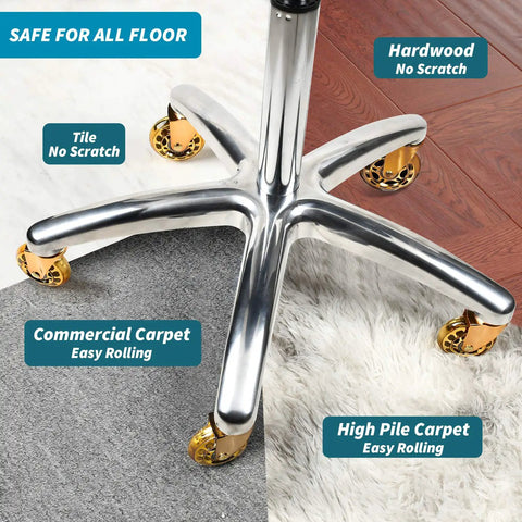 Top Shelf Roller Blade Office Chair Wheels Soft Polyurethane Desk Caster Set Of Five shown on various floor types safe for all surfaces.