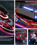 LED Light RC Boat With Dual Brushless Motors, 2 Batteries, 25 KMH Dope Fast Remote Control showing battery and motor features