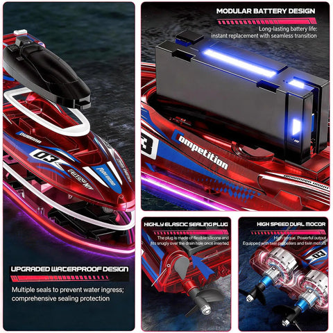 LED Light RC Boat With Dual Brushless Motors, 2 Batteries, 25 KMH Dope Fast Remote Control showing battery and motor features