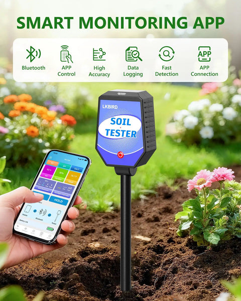 8 In 1 Soil Tester With App Monitoring For Garden Lawn Farm And Indoor Outdoor Plants That Tracks pH Moisture Temperature Light Salinity Fertility EC And Humidity For Next Level Plant Care, handheld in soil