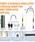 Beefy One Piece Insulated Rescue Hook Rated at 35 KV Solid Electrician Pole for EV and Hybrid Car Repair Road Ready Safety Gear Built Tough for Field Techs Everyday with heat-treated carbon steel hook and insulated fiberglass pole.
