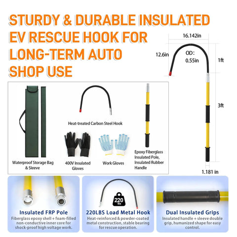 Beefy One Piece Insulated Rescue Hook Rated at 35 KV Solid Electrician Pole for EV and Hybrid Car Repair Road Ready Safety Gear Built Tough for Field Techs Everyday with heat-treated carbon steel hook and insulated fiberglass pole.