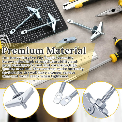 Eye Lag Toggle Bolts Kit 25 Pcs One Quarter By Four Inch With One Inch Metal Washers Heavy Duty Wall Anchors For Drywall Ceiling Sheetrock Hollow Walls Galvanized Steel Screws And Nuts Included For Easy Installation And Shelving And Fixture Mounts displayed with tools and measuring tape.