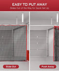 Beefy Heavy Duty Multi Sport Practice Net For Golf Baseball Soccer Hockey Lacrosse In Backyard Driving Range Use 10x10ft Containment Net With 0.75 Inch Mesh And 3mm Polyester Cord For High Impact Training, shown installed in garage with sliding mechanism.