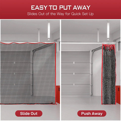 Beefy Heavy Duty Multi Sport Practice Net For Golf Baseball Soccer Hockey Lacrosse In Backyard Driving Range Use 10x10ft Containment Net With 0.75 Inch Mesh And 3mm Polyester Cord For High Impact Training, shown installed in garage with sliding mechanism.