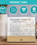 Clear Acrylic Periodic Table Display With Wooden Stand Featuring 83 Real Elements Includes 6 Chemistry Formula Reference Cards Cool Classroom Decor And Science Teacher Gift For Any Lab shown on desk