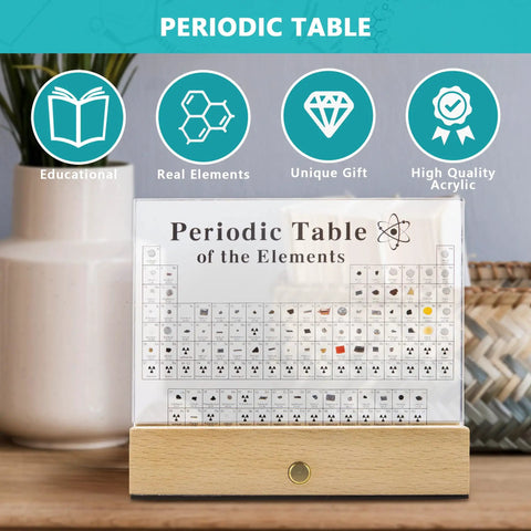 Clear Acrylic Periodic Table Display With Wooden Stand Featuring 83 Real Elements Includes 6 Chemistry Formula Reference Cards Cool Classroom Decor And Science Teacher Gift For Any Lab shown on desk