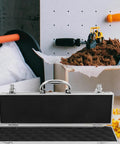 Durable Aluminum Tool Organizer Box With Secure Twist Latches Portable Travel Case Scratch Proof Exterior on a workbench.