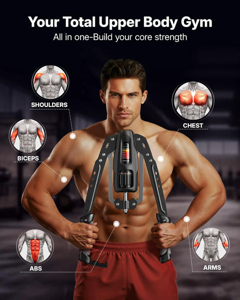 Man demonstrating Merach Twister Arm Trainer Hydraulic Strengthener For Forearm And Arms With Upgraded Protective Housing 22 To 440lb Resistance Level Gauge.