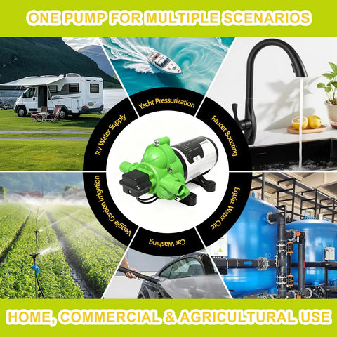 110V AC Self Priming Diaphragm Water Pump 4.0 GPM 50 PSI Featuring Smart Pressure Switch And Overheat Cutout in multiple use scenarios.