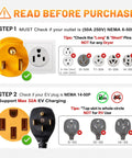 Heavy Duty Nema 6-50P To 14-50R EV Charger Adapter image showing outlet compatibility checklist and EV plug guidance.