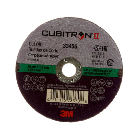 Cubitron II Cut Off Wheel 3 Inch Diameter 0.0625 Inch Thick With Three Eighths Inch Arbor 5 Pack front view with labels