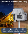 Tough As Nails Waterproof Outdoor Outlet Box With 20 Amp GFCI Safety Switch For Straightforward Fence Hookup and No Drama Yard Electronics With Serious Daily Power, shown with flat design and GFCI safety.