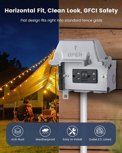 Tough As Nails Waterproof Outdoor Outlet Box With 20 Amp GFCI Safety Switch For Straightforward Fence Hookup and No Drama Yard Electronics With Serious Daily Power, shown with flat design and GFCI safety.