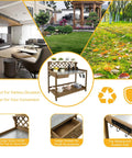 Collage of garden potting bench use cases, includes living room, garden, and autumn leaves; highlights features like storage and durability