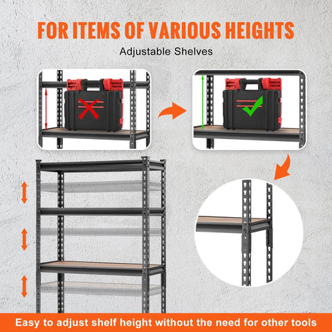 5 Tier Adjustable Storage Shelves Heavy Duty Garage Rack, 2000 Lbs Total Capacity, 30x12x60 Inch Steel Shelving Unit For Tools, Parts, And Gear, Durable Industrial Grade Boss Level Organization showing adjustable shelf height