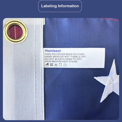 Labeling information on American Flag 3x5 Outdoor Heavy Duty Flag With Embroidered Stars And Sewn Stripes, Fiber content and care instructions visible