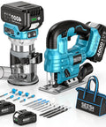 Cordless Jigsaw And Wood Router Kit For Precise Cuts And Edge Shaping With A Brushless Router, Dual 4.0Ah Batteries, Quick Setup, Smooth Finish, All In One Woodworking Power Pack, showing jigsaw, router, blades and battery pack