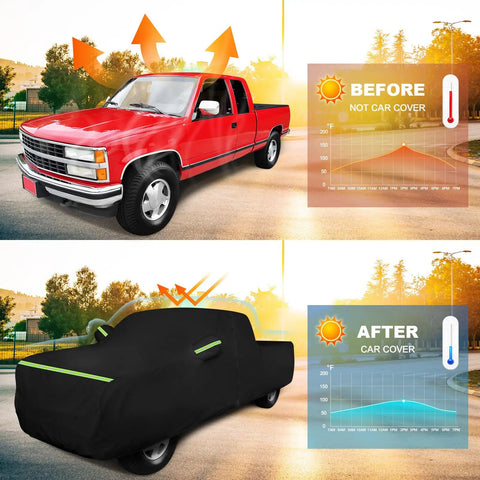 Comparison of Chevy Silverado 1988-1999 with and without Waterproof Rugged Truck Cover, highlighting temperature effects.